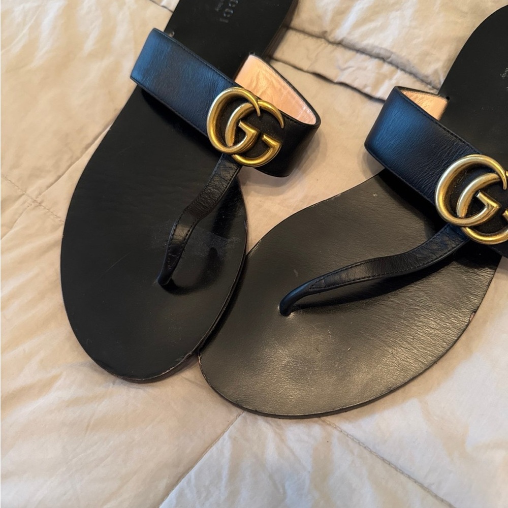 Gucci Black Leather Double G Thong Sandals Size 39 8.5 - Picture 3 of 7
